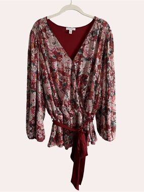 LC Lauren Conrad Puff Sleeve Sequin Wrap Top Belted Long Sleeve Floral Plus Size